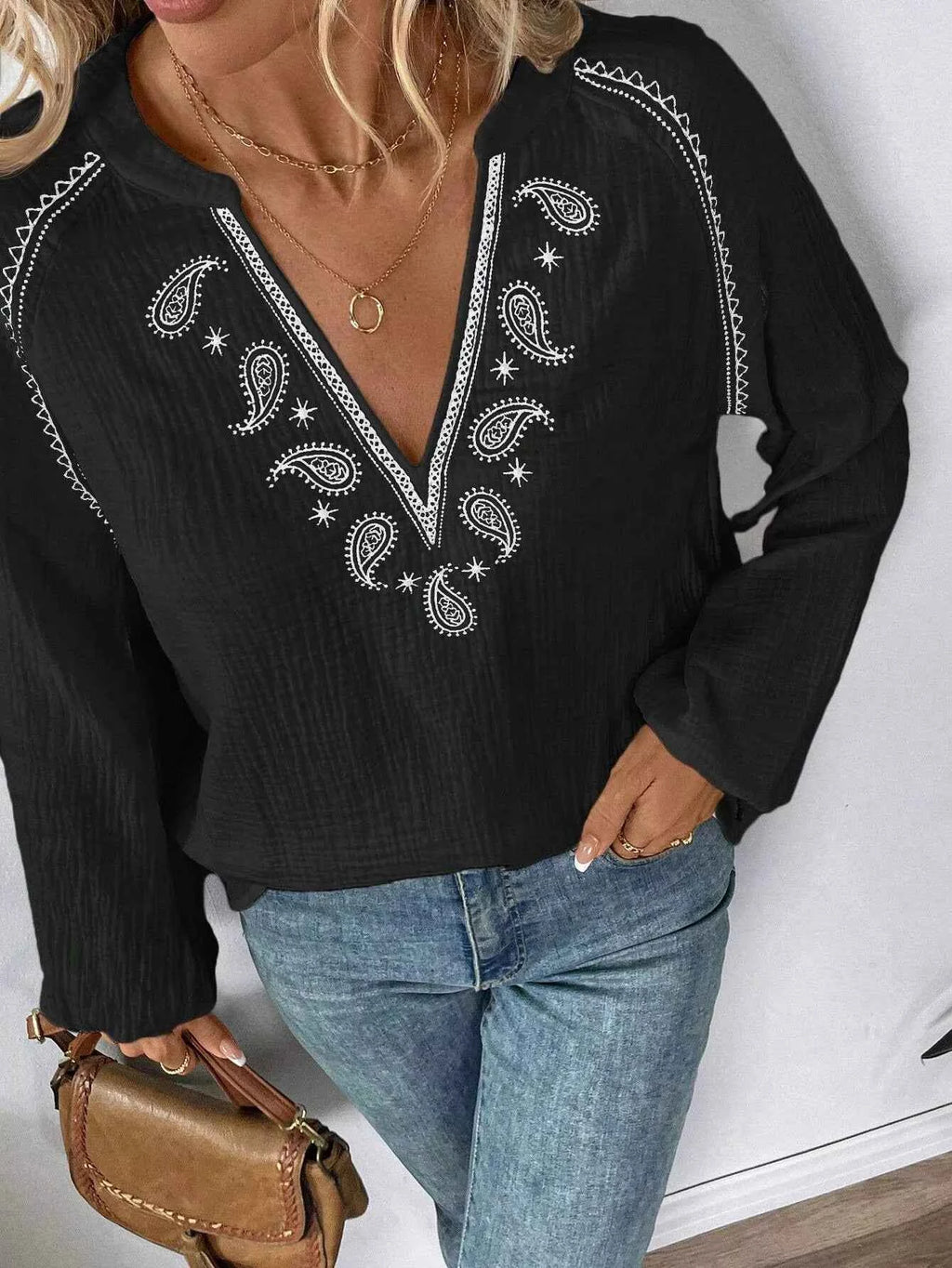 Paisley Balloon Sleeve Blouse with Notched Design