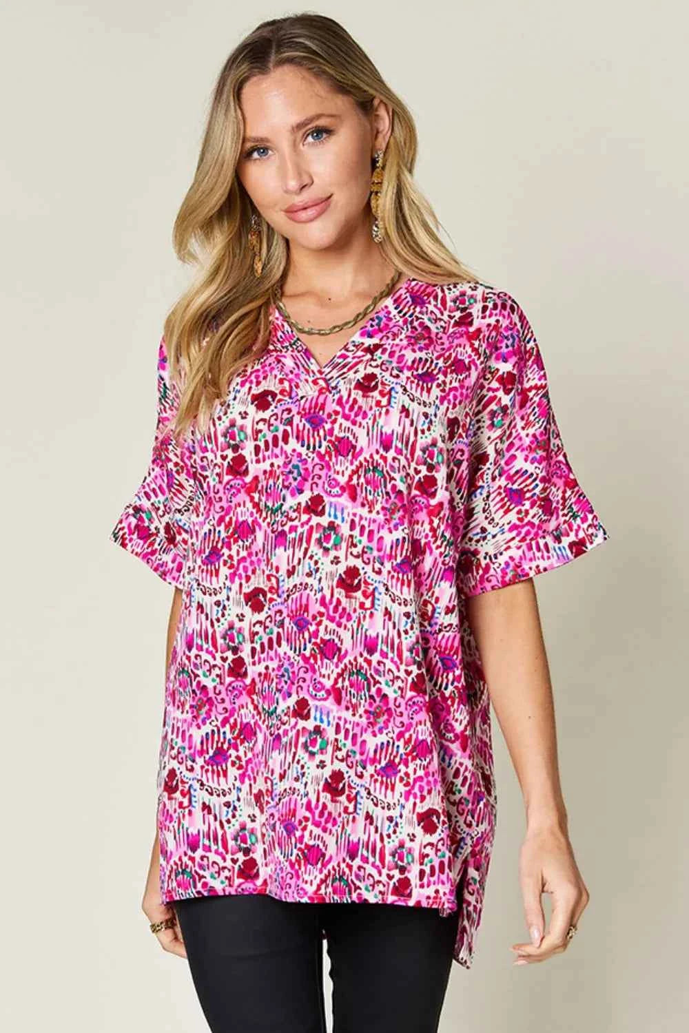 Double Take V-Neck Printed Blouse - Full Size Short Sleeve Fashion Top
