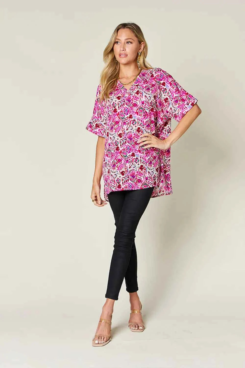 Double Take V-Neck Printed Blouse - Full Size Short Sleeve Fashion Top