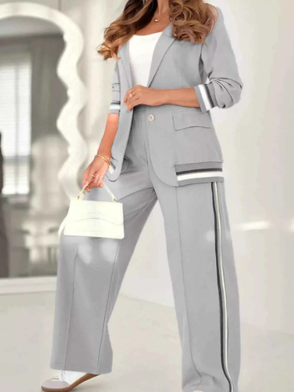 Full Size Striped Trim Jacket and Pants -Modern Edge Jacket - Nico`s Store