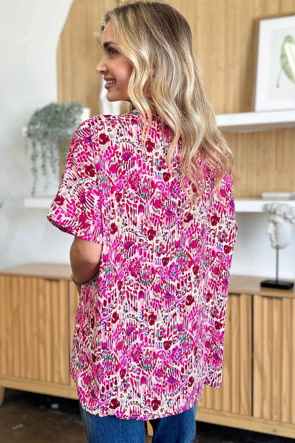 Double Take V-Neck Printed Blouse - Full Size Short Sleeve Fashion Top