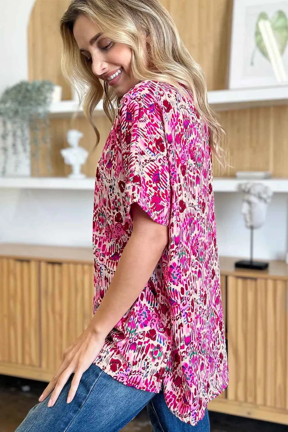 Double Take V-Neck Printed Blouse - Full Size Short Sleeve Fashion Top