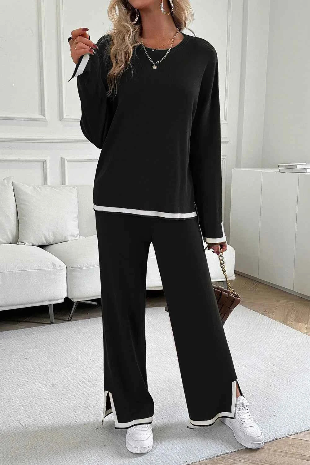 Devine Contrast Trim Set -Round Neck Top and Pants Set - Nico`s Store