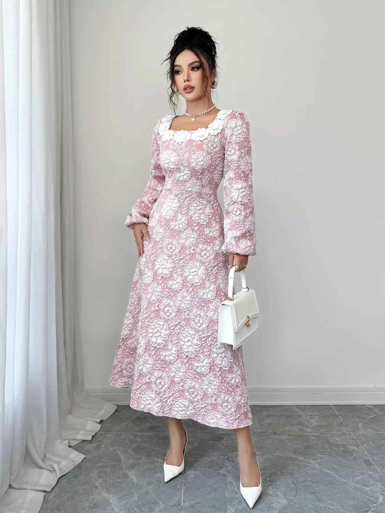 Floral Midi Dress with Textured Square Neck Design