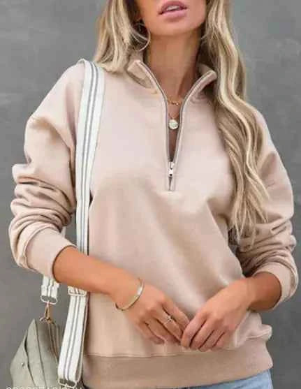Solid Color Women's Zip Sweater – Long Sleeve Lapel Design - Nico`s Store