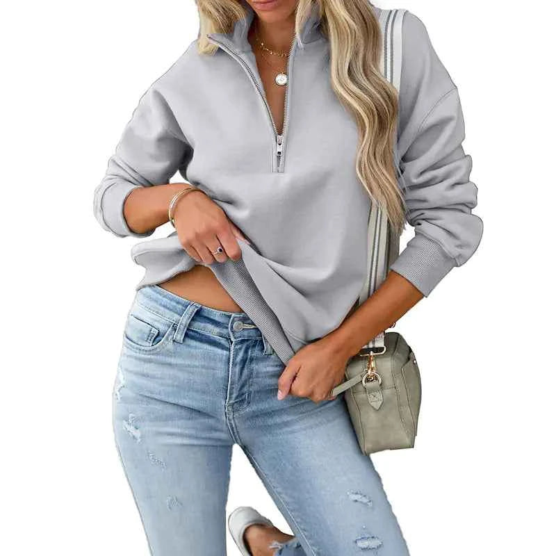 Solid Color Women's Zip Sweater – Long Sleeve Lapel Design - Nico`s Store