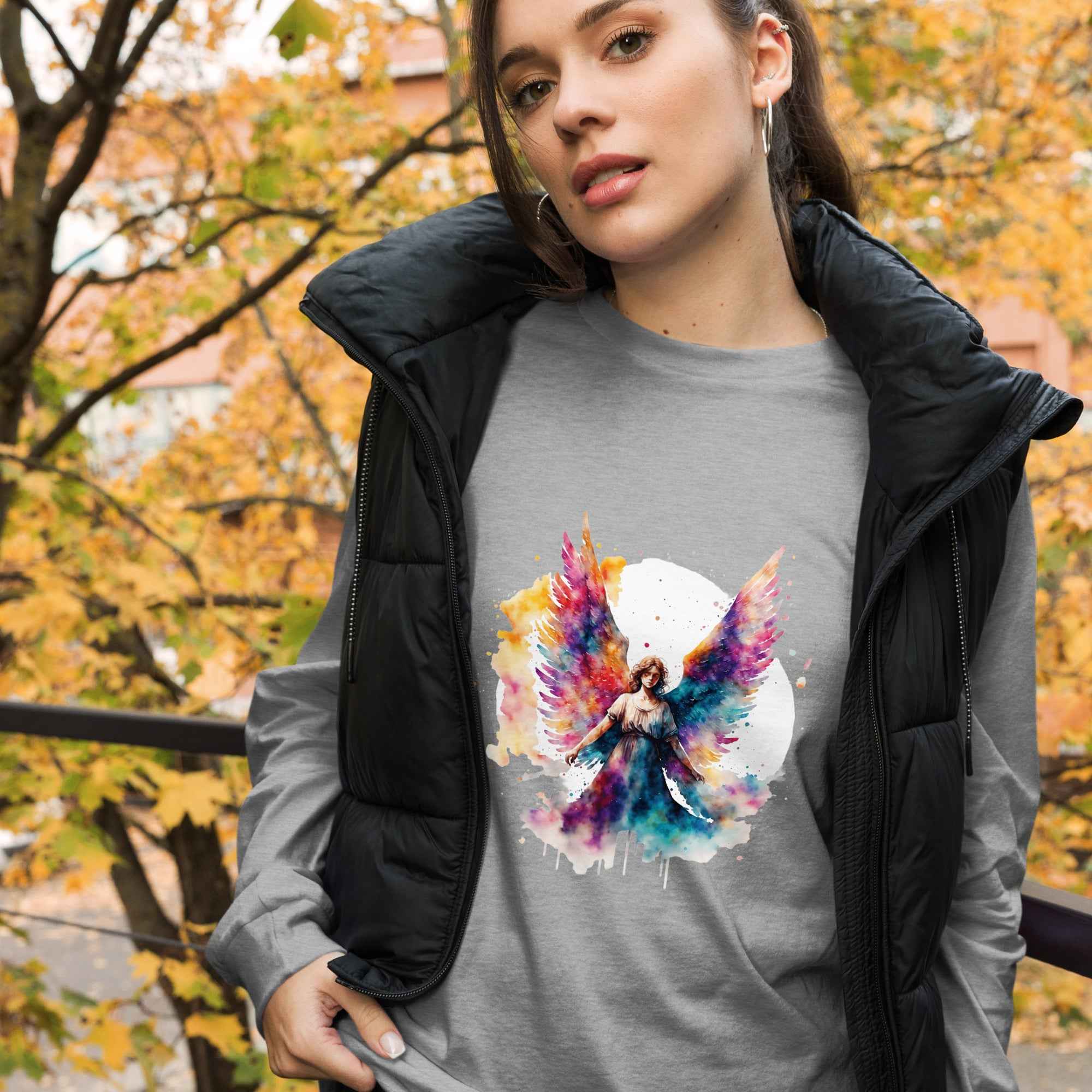 Unisex Long Sleeve Angel Tee with Unique Print - Nico`s Store