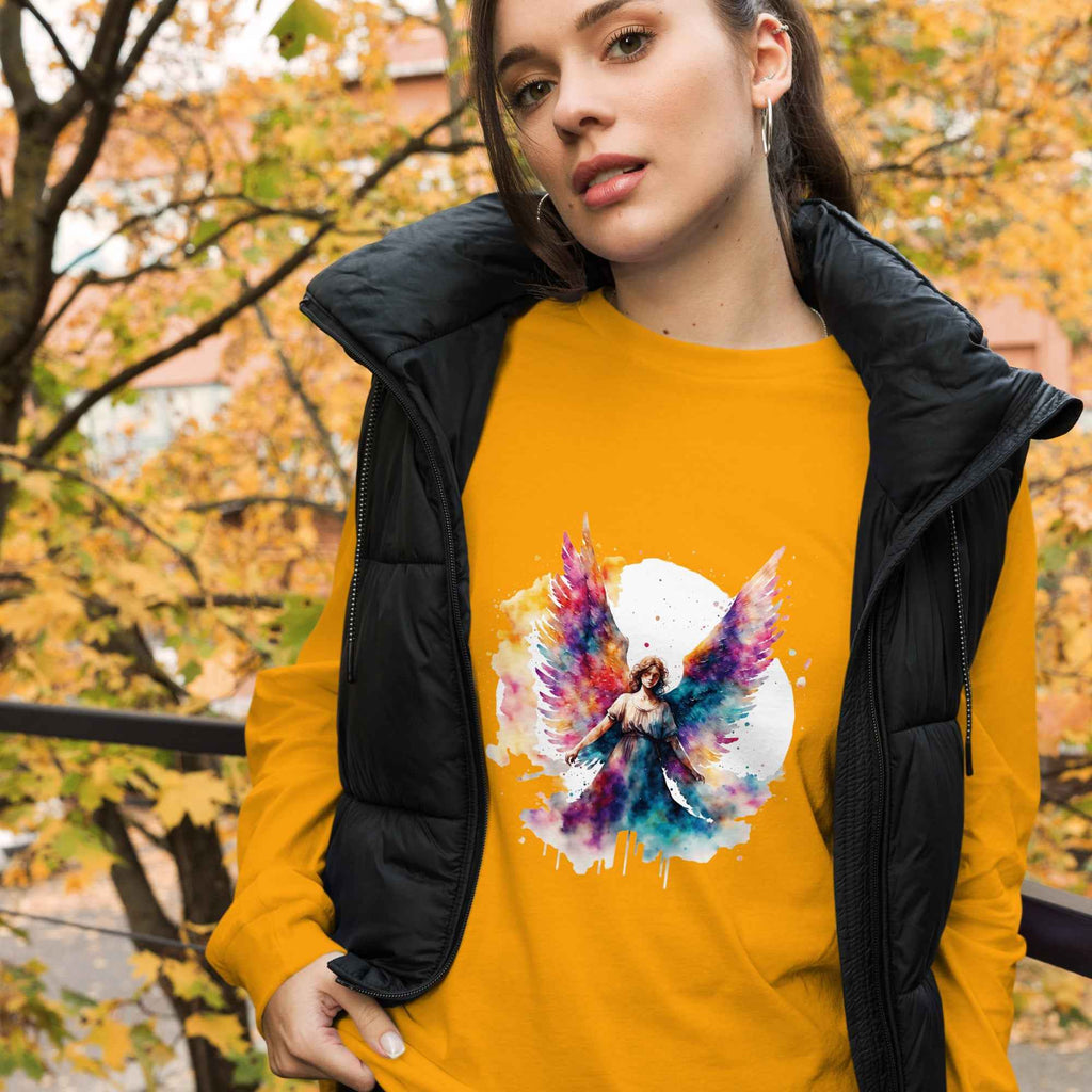 Unisex Long Sleeve Angel Tee with Unique Print - Nico`s Store