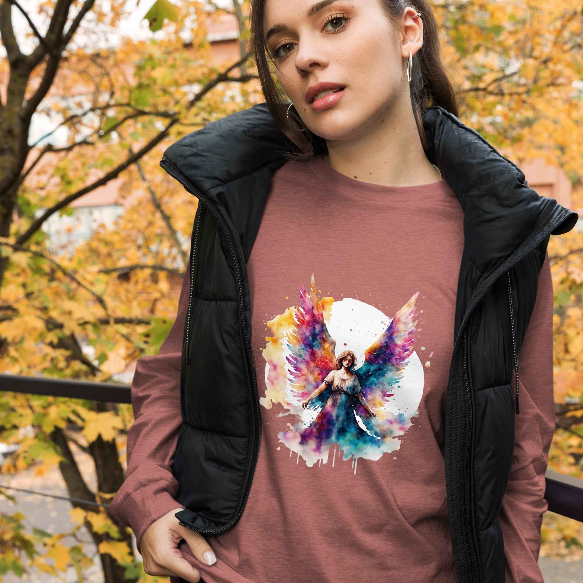 Unisex Long Sleeve Angel Tee with Unique Print - Nico`s Store