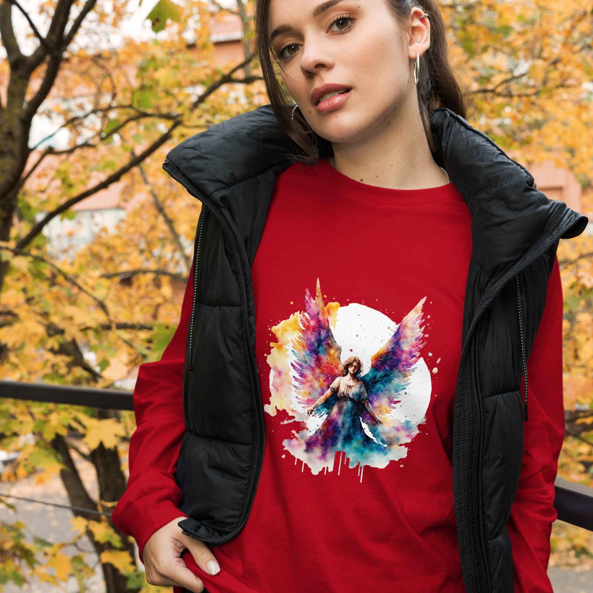 Unisex Long Sleeve Angel Tee with Unique Print - Nico`s Store