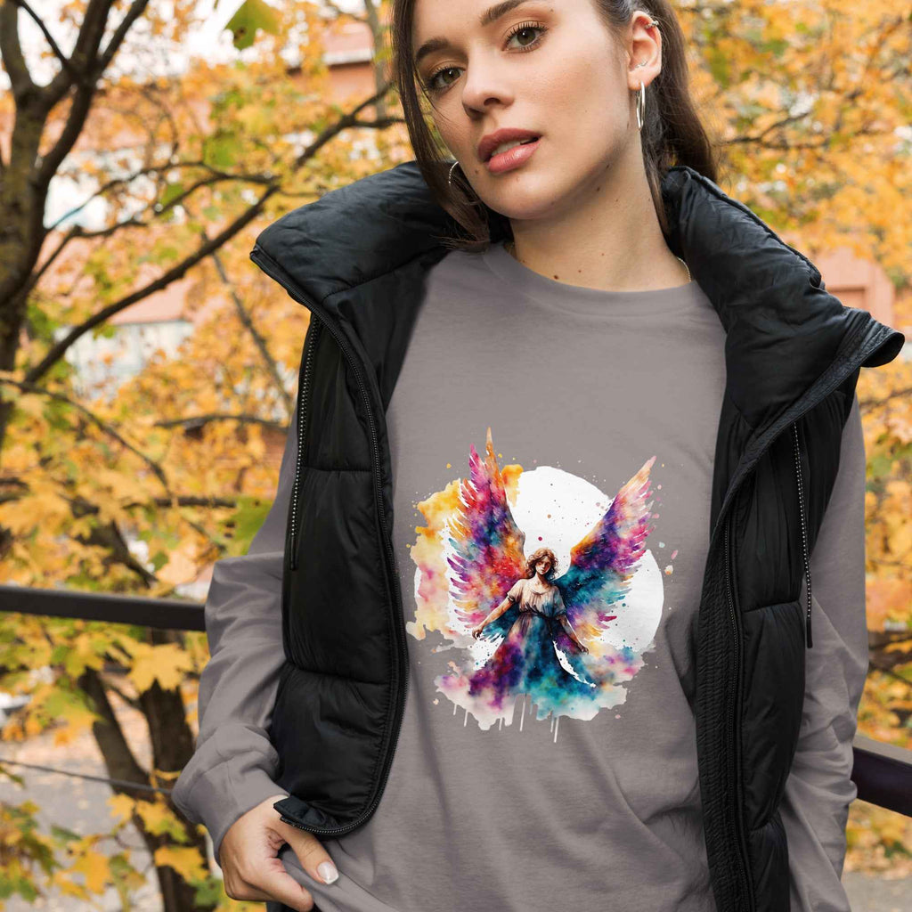 Unisex Long Sleeve Angel Tee with Unique Print - Nico`s Store