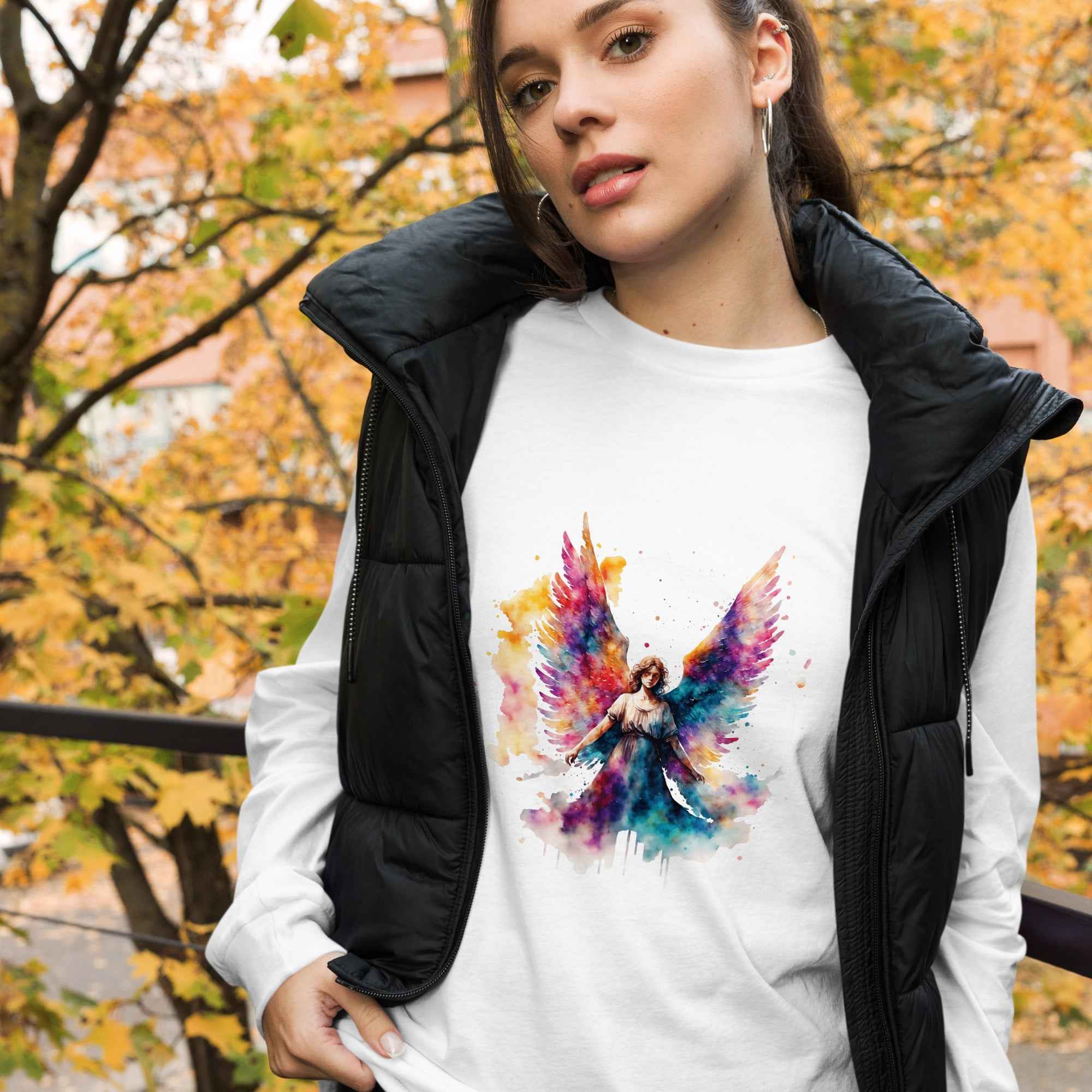 Unisex Long Sleeve Angel Tee with Unique Print - Nico`s Store